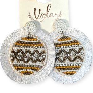 NEW Viola White Beaded Circle Drop Earrings Bohemian Festival Party Fringe